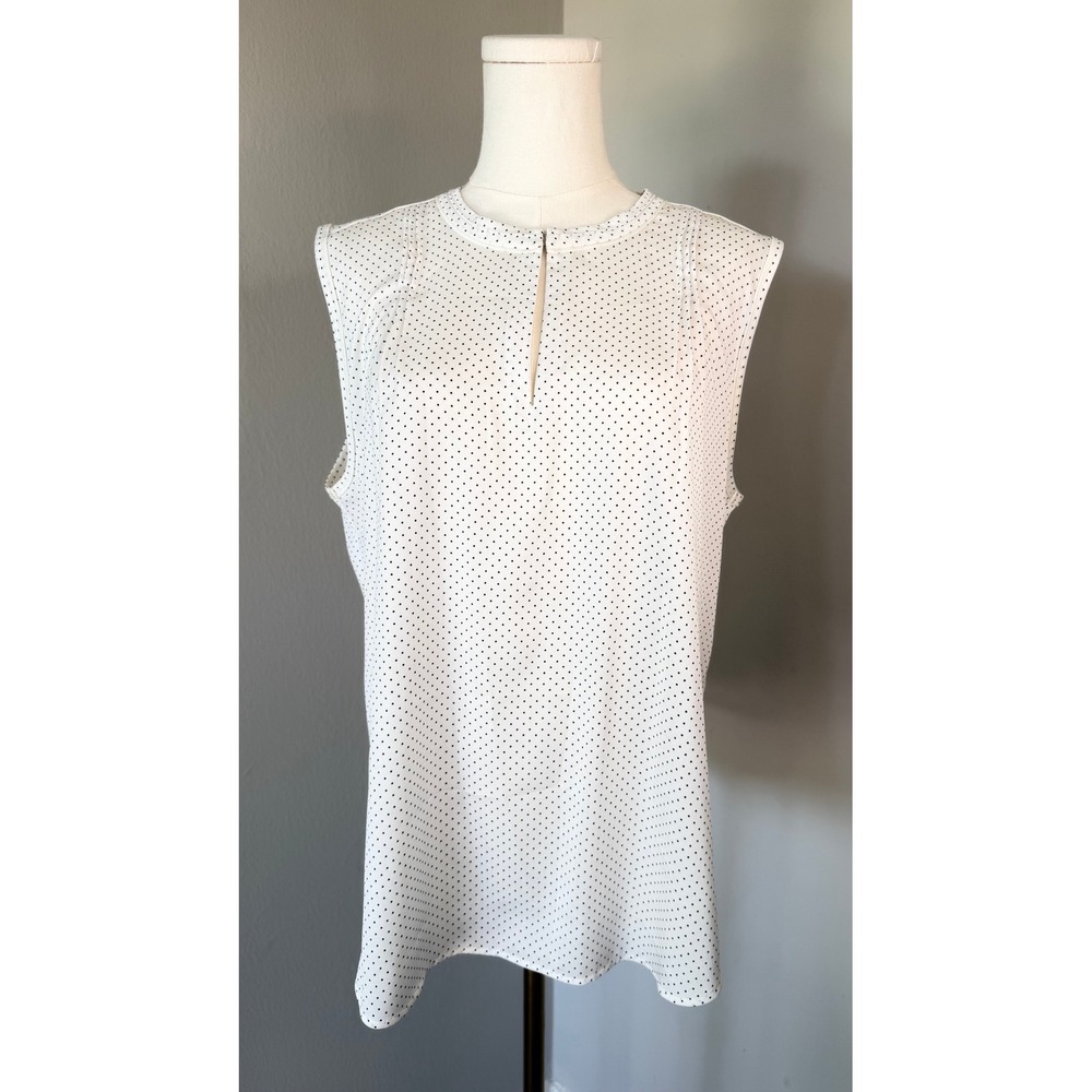Ann Taylor Sleeveless Blouse White Black Polka Dot Keyhole Relaxed Fit L